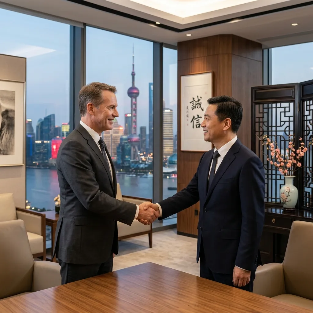 A confident handshake between global business partners in a sleek Shanghai high-rise representing trust